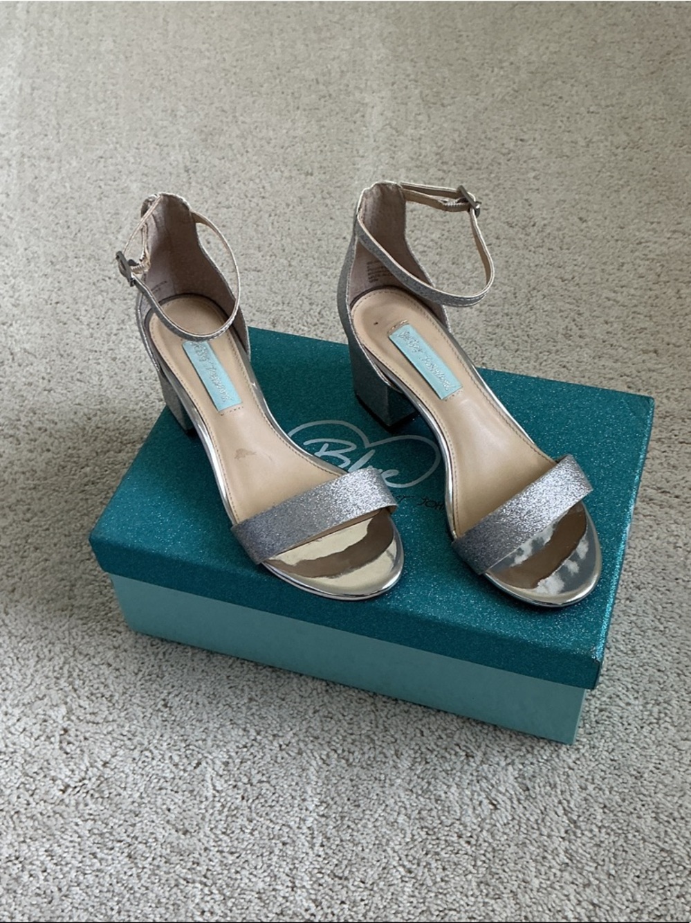 Betsey Johnson Miri Silver Glitter Ankle-Strap 
Block Heels